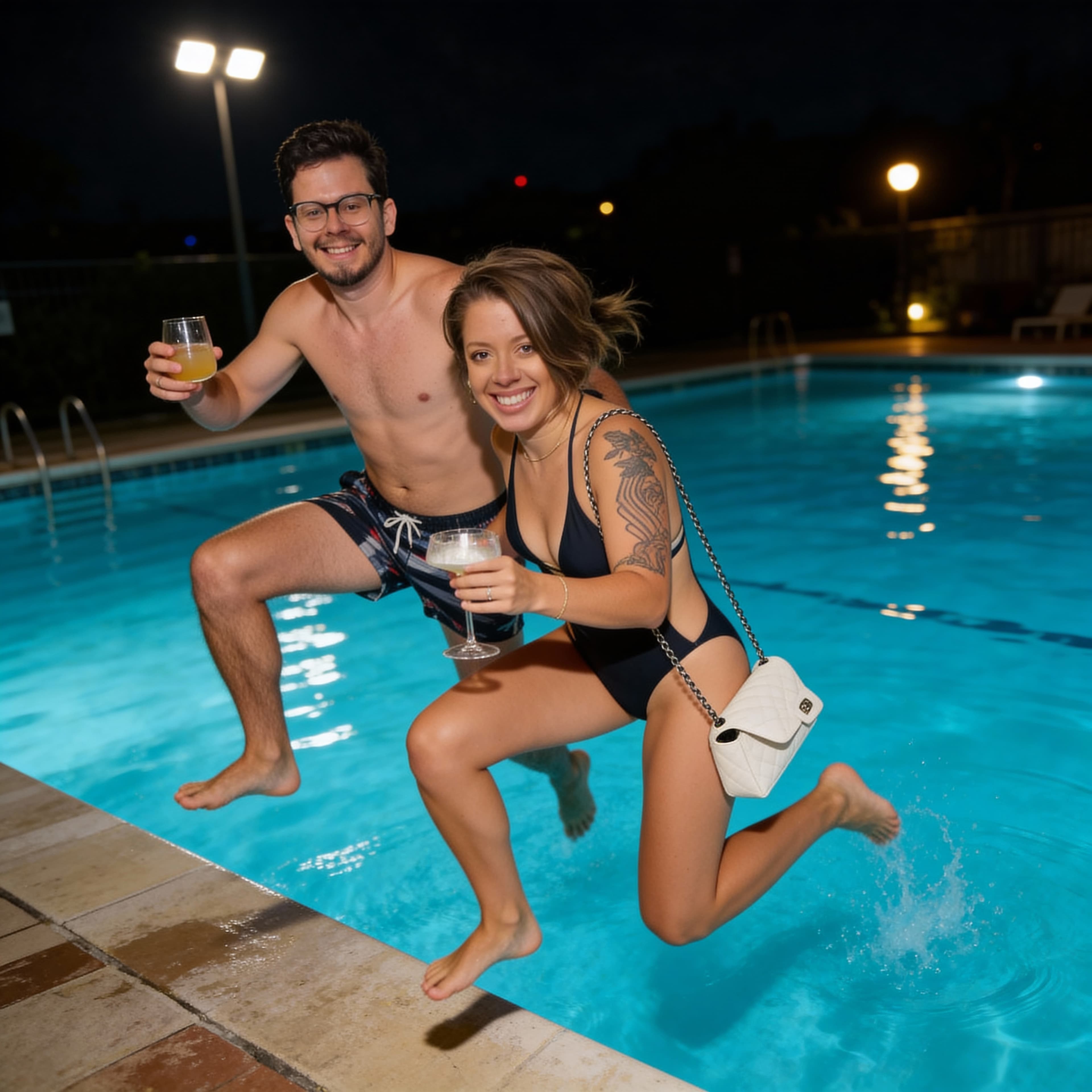 Noivos pulando na piscina no After